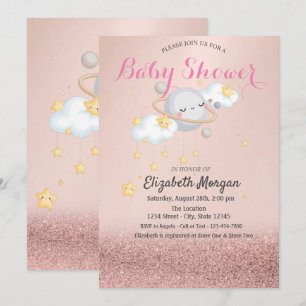 Invitación Estrellas de Clous Planeta Rosa Dorado Bokeh Baby 