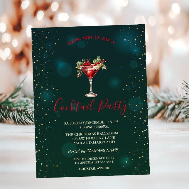 Invitación Estrellas de cóctel rojas Navidad verde (Subido por el creador)
