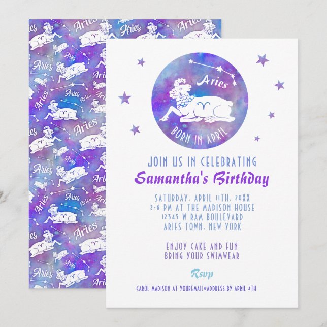 Invitación Estrellas de constelación de Aries Ram Party de cu (Anverso / Reverso)