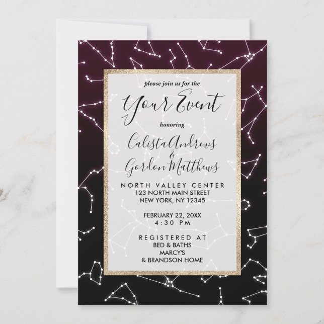 Invitación Estrellas de constelación de zodiaco blanco morado (Anverso)