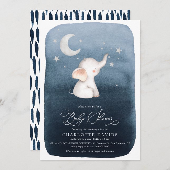 Invitación Estrellas de elefante lindo y Baby Shower de chico (Anverso / Reverso)