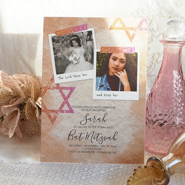 Invitación Estrellas de espuma de Bat Mitzvah, Naranja rosa y (Rose gold, glitter, star of david bat mitzvah invitation templates for pink sparkles bat mitzvah)