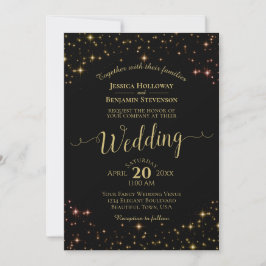 Invitación Estrellas de espuma de oro sobre elegante boda neg