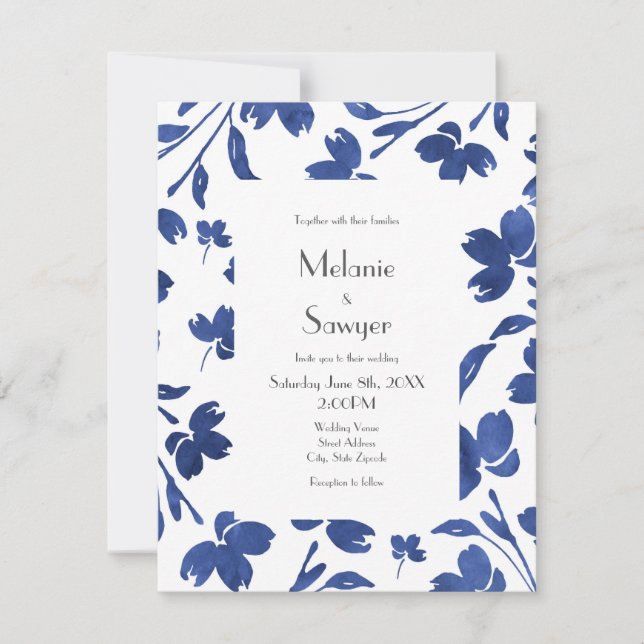 Invitación Estrellas de flores color azul índigo (Anverso)