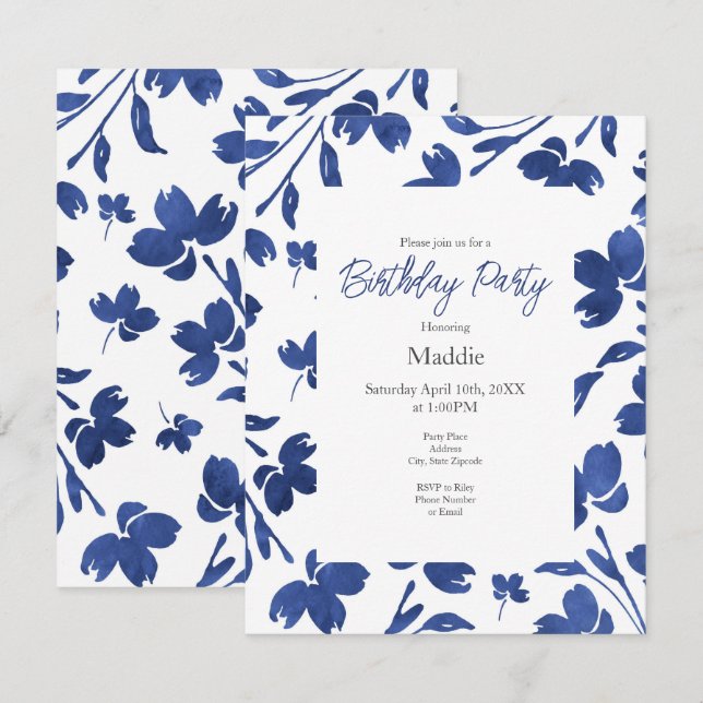 Invitación Estrellas de flores color azul índigo (Anverso / Reverso)
