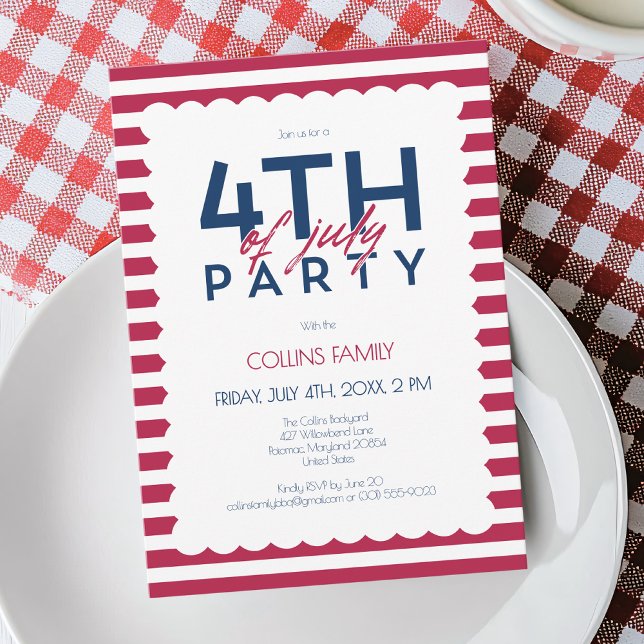 Invitación Estrellas de franjas patrióticas 4 de julio Fiesta (Patriotic Stripes Stars 4th of July Summer Party Invitation)