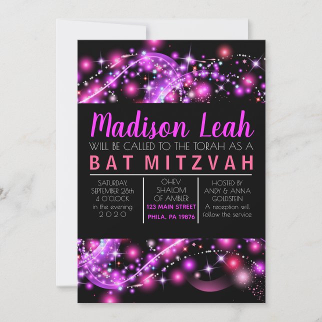 Invitación ESTRELLAS DE GLOWING DE PINK Bat Mitzvah Invitació (Anverso)