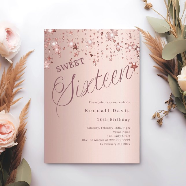 Invitación Estrellas de guión de oro rosa moderno Sweet 16 (Subido por el creador)