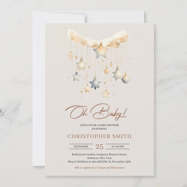 Invitación Estrellas de juguetes para bebés de cobre neutro y (Anverso)