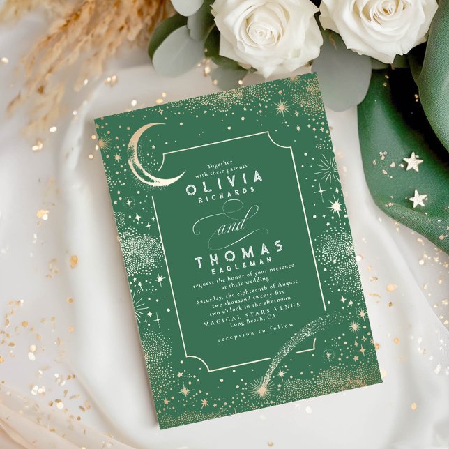 Invitación Estrellas de la luna Boda verde de la noche celest (Celestial Sage Green Wedding Invitation)