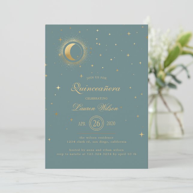 Invitación Estrellas de la luna de oro celeste pastel Quincea (Anverso de pie)