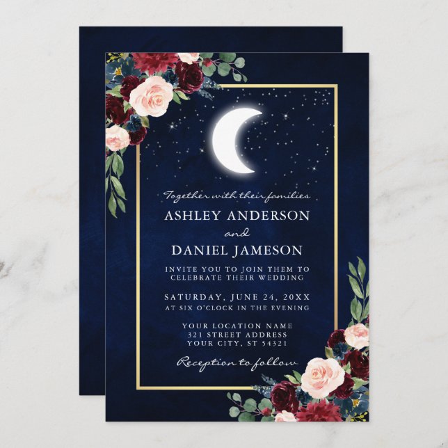Invitación Estrellas de la luna de oro del Boda celestial (Anverso / Reverso)
