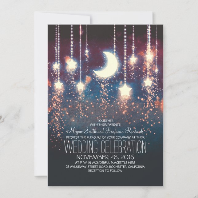 Invitación Estrellas de la luna y luces de cadena Boda de ver (Anverso)