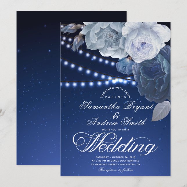 Invitación Estrellas de luces de cadena Boda elegante azul (Anverso / Reverso)