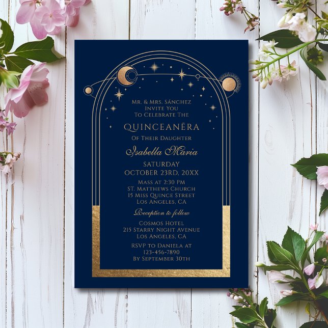 Invitación Estrellas de luna de oro azul celestial Quinceañer (Subido por el creador)