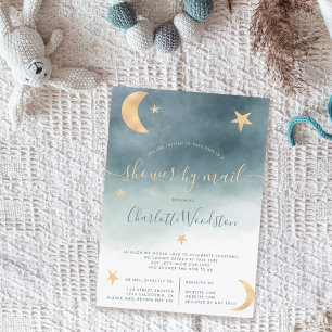 Invitación Estrellas de luna de oro lindo ducha azul de bebé