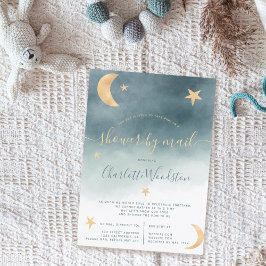 Invitación Estrellas de luna de oro lindo ducha azul de bebé 