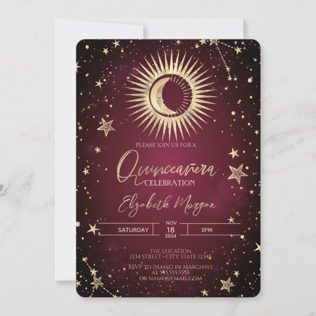 Invitación Estrellas de luna dorada celestial rojo Quinceaner (Anverso)