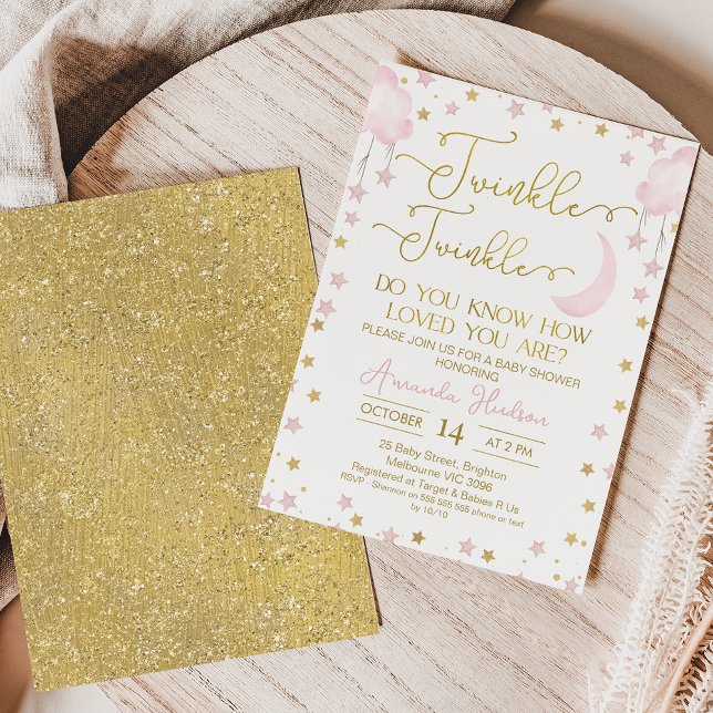 Invitación Estrellas de luna rosa Twinkle Little Star Baby Sh (Girl's twinkle twinkle little star baby shower invitation featuring some pink and gold stars.)
