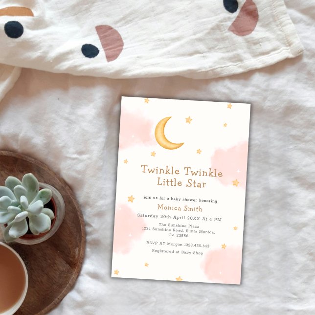 Invitación Estrellas de luna rosa Twinkle Twinkle Chica Baby  (Pink Moon Stars Twinkle Twinkle Girl Baby Shower Invitation)