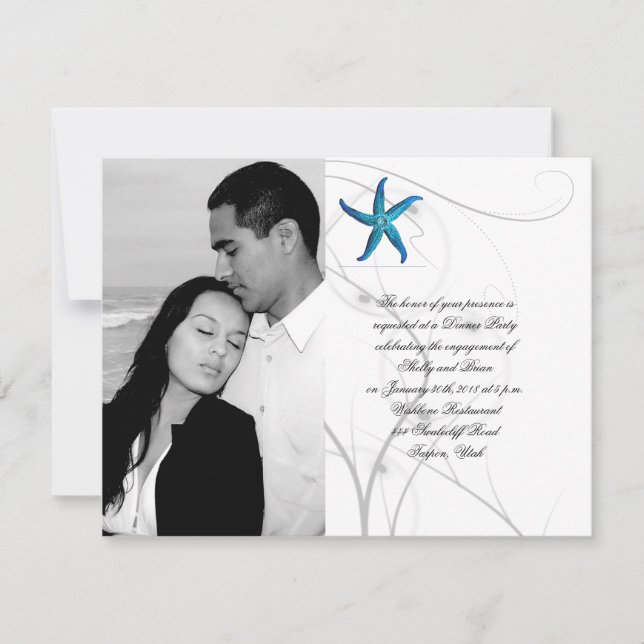 Invitación Estrellas de mar azules con el compromiso coralino (Anverso)