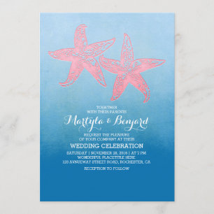 Invitación estrellas de mar coralinas y boda azul del ombre