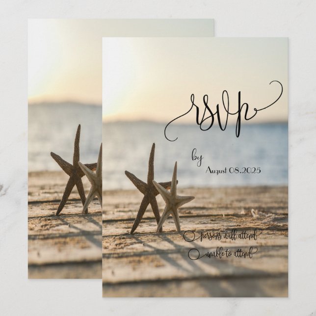 Invitación Estrellas de mar en la playa guión RSVP   (Anverso / Reverso)