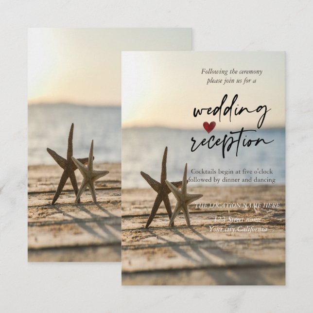Invitación Estrellas de mar Playa Sand Recepción (Anverso / Reverso)