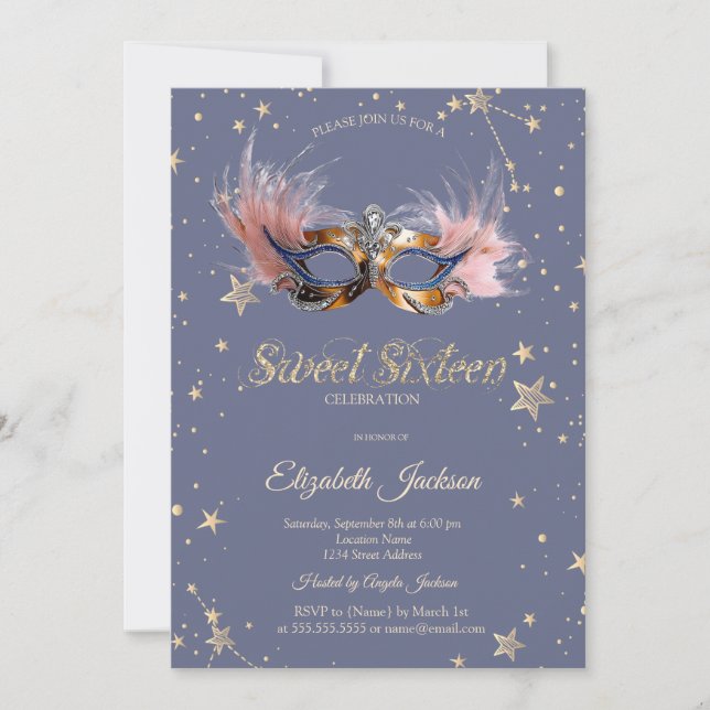 Invitación Estrellas de Máscara Chic Lavanda Pastel Dulces 16 (Anverso)