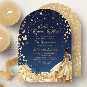 Invitación Estrellas de Oro Amarillo Mariposas Quinceañera Fl