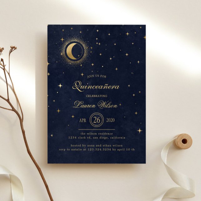 Invitación Estrellas de oro azul celestial de medianoche Quin (Subido por el creador)