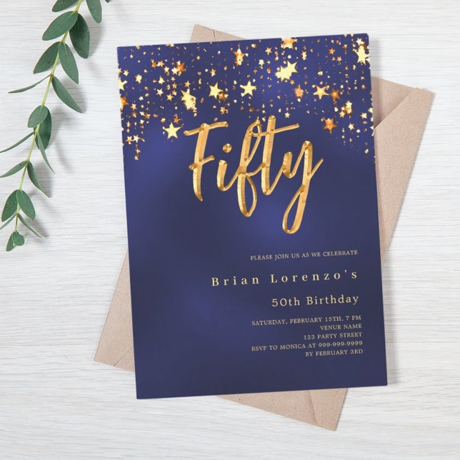 Invitación Estrellas de oro azul marino 50 años de lujo (Subido por el creador)