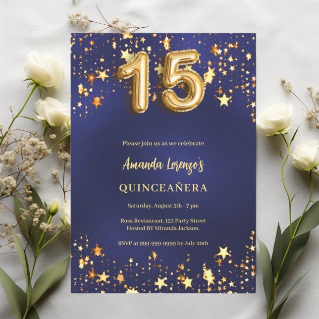 Invitación Estrellas de oro azul marino de Quinceanera (Subido por el creador)