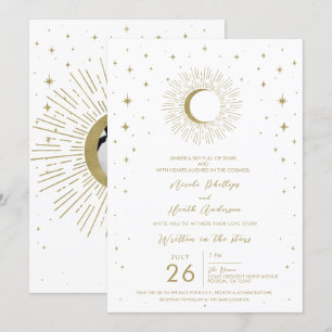 Invitación Estrellas de Oro Blanco Explosión Celestial de Sol