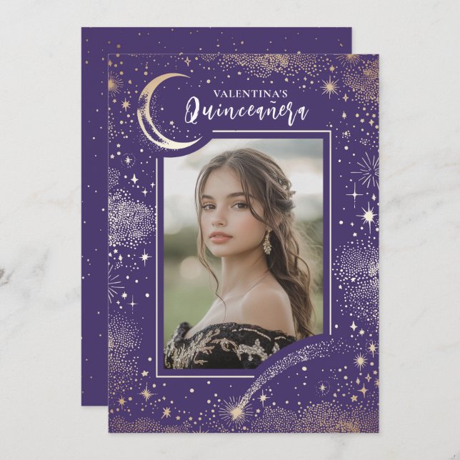 Invitación Estrellas de oro celestes Noche de luna Quinceaner (Anverso / Reverso)