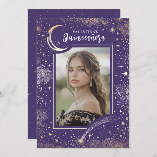 Invitación Estrellas de oro celestes Noche de luna Quinceaner