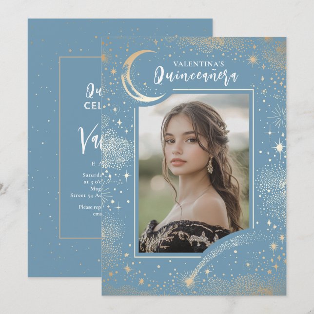 Invitación Estrellas de oro celestes Noche de luna Quinceaner (Anverso / Reverso)