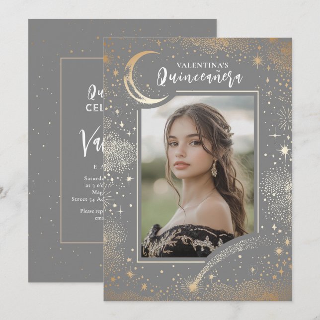 Invitación Estrellas de oro celestes Noche de luna Quinceaner (Anverso / Reverso)