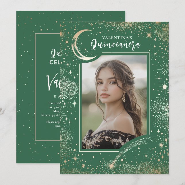 Invitación Estrellas de oro celestes Noche de luna Quinceaner (Anverso / Reverso)