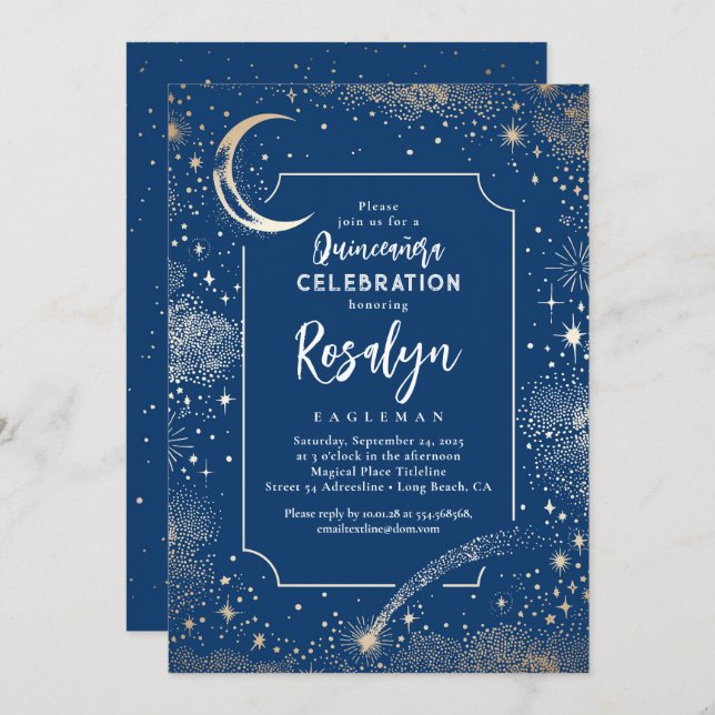 Invitación Estrellas de oro celestes y quinceanera nocturna l (Anverso / Reverso)