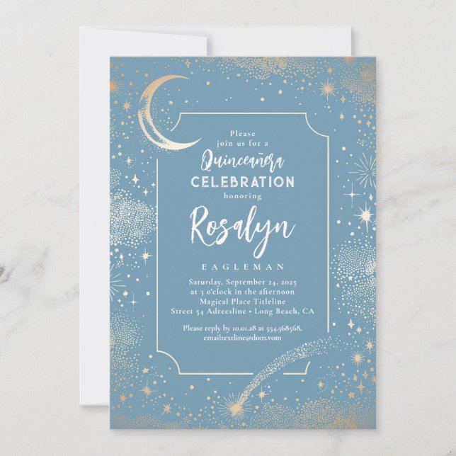 Invitación Estrellas de oro celestes y quinceanera nocturna l (Anverso)