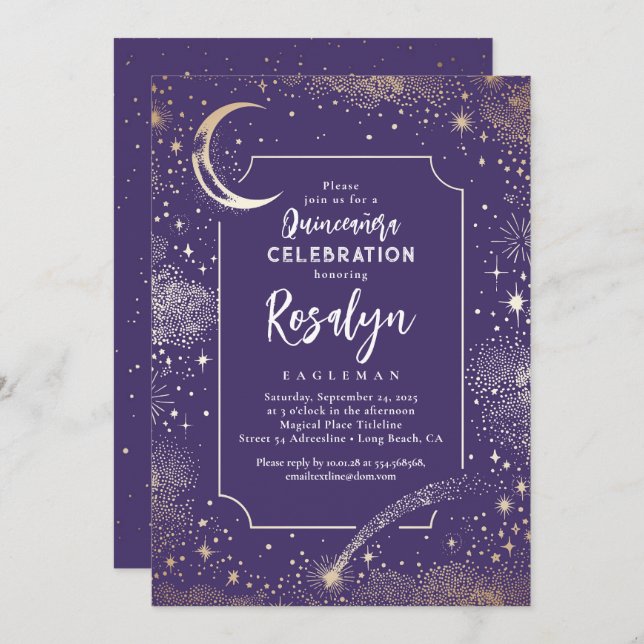 Invitación Estrellas de oro celestes y quinceanera nocturna l (Anverso / Reverso)