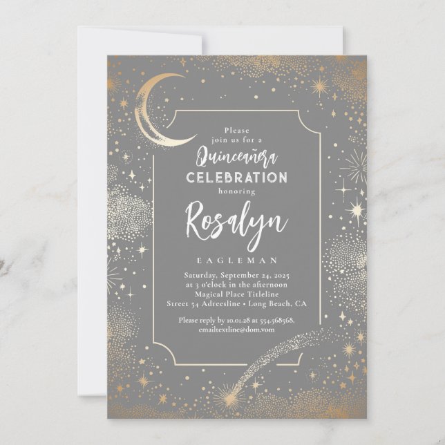 Invitación Estrellas de oro celestes y quinceanera nocturna l (Anverso)