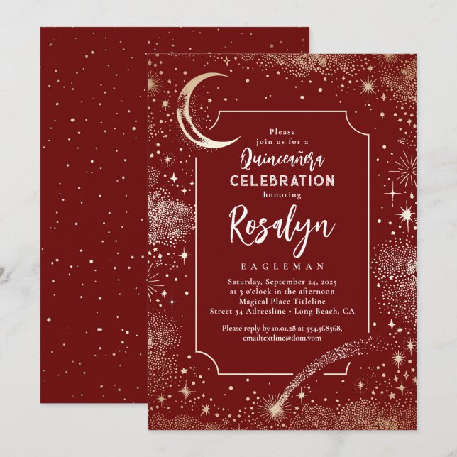 Invitación Estrellas de oro celestes y quinceanera nocturna l (Anverso / Reverso)