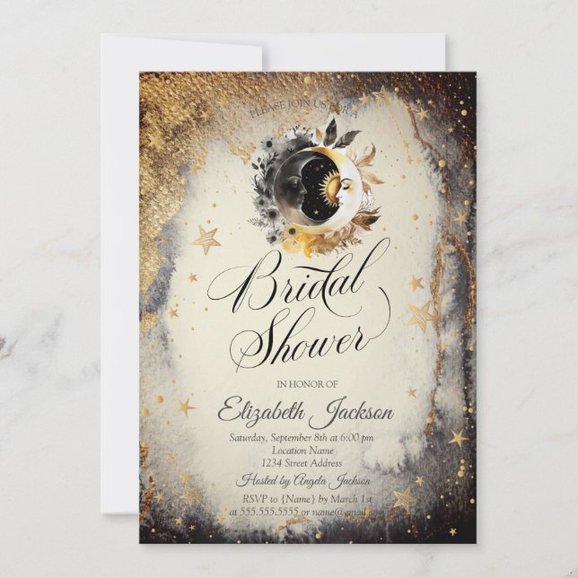 Invitación Estrellas de oro celestiales Luna Ducha de novia o (Anverso)