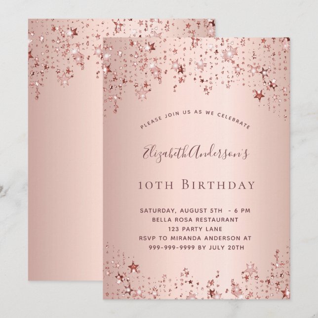 Invitación Estrellas de oro de la fiesta de cumpleaños rocian (Anverso / Reverso)