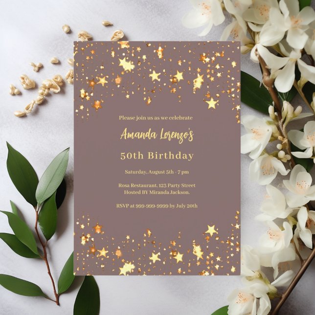 Invitación Estrellas de oro de mauve polvoriento de cumpleaño (Subido por el creador)