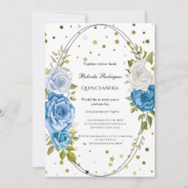 Invitación Estrellas de oro de Quinceañera Blue Flowers