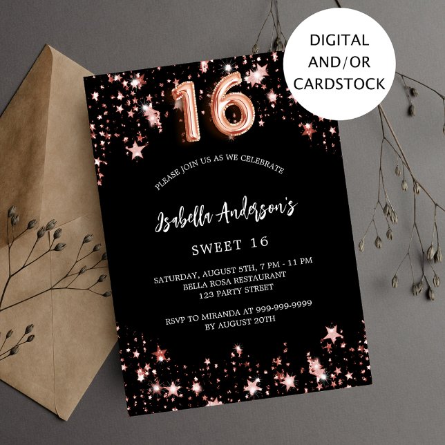 Invitación Estrellas de oro de rosa negro Sweet 16 (Subido por el creador)