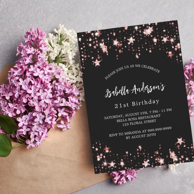 Invitación Estrellas de oro del rosa negro de cumpleaños (Subido por el creador)